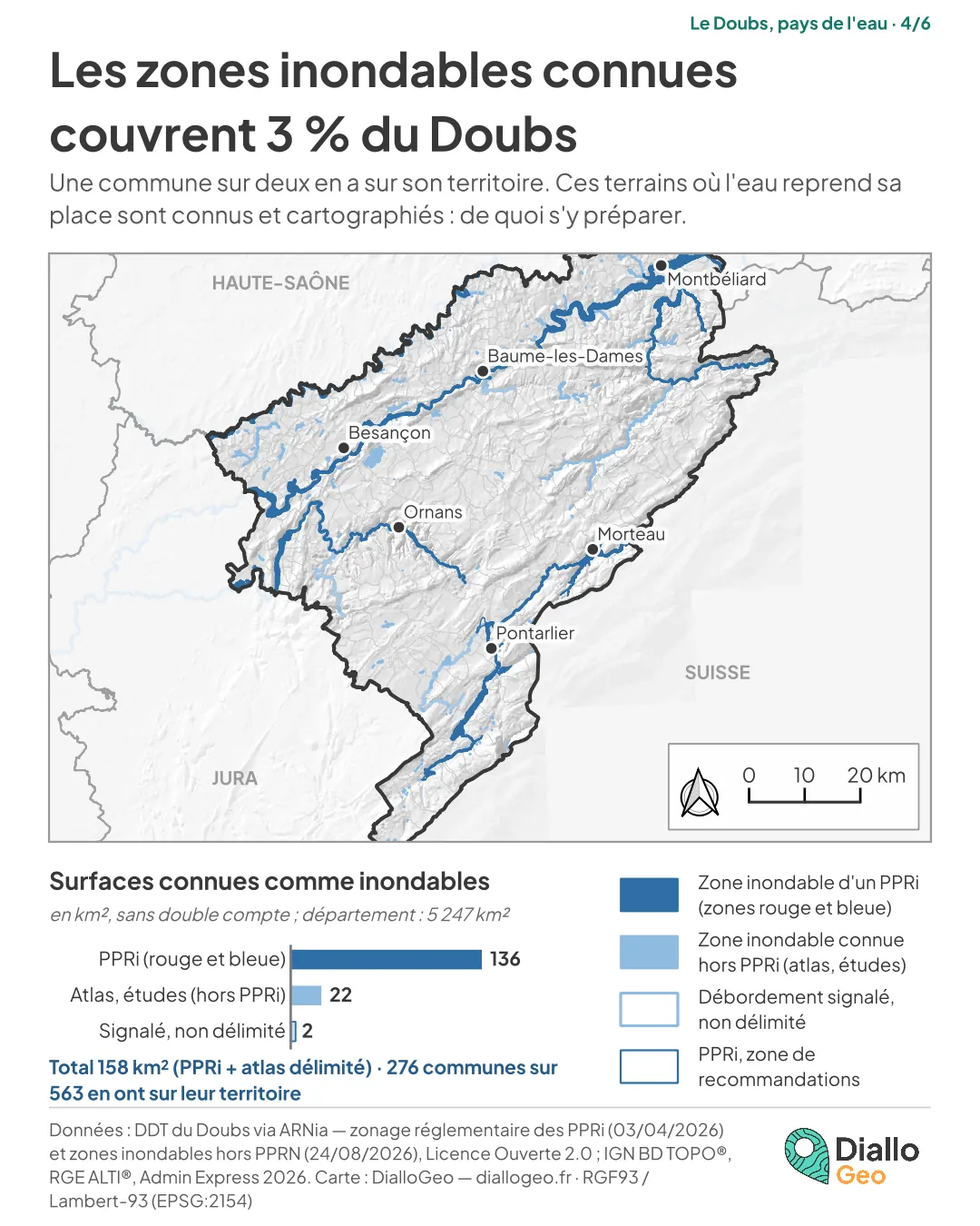 Carte des zones inondables connues du département du Doubs, plans de prévention et atlas des zones inondables réunis