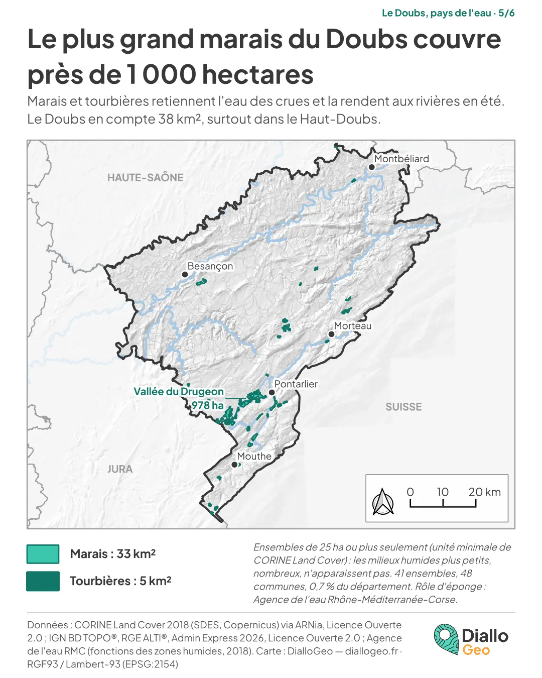 Carte des grands marais et tourbières du département du Doubs, ensembles de 25 hectares ou plus