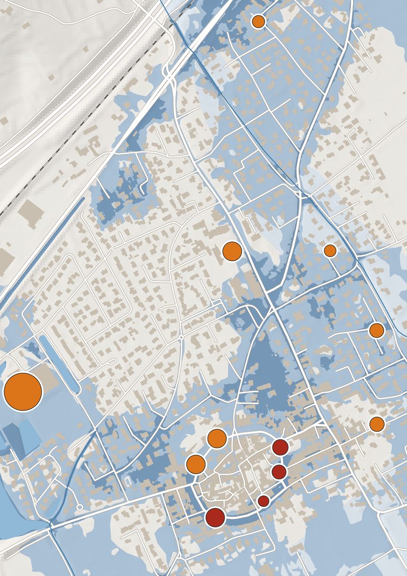 Carte des 13 parkings publics de Bernis, détail du centre-bourg (12 parkings visibles) : cercles proportionnels au nombre de places, rouges pour les parkings inondables, orange pour ceux à surveiller, sur les trois niveaux d'aléa du PPRi du Vistre et le bâti
