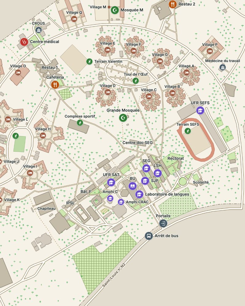 Map of the Gaston Berger University campus in Saint-Louis, Senegal: residence villages, faculties, lecture halls, sports grounds and footpaths, with named places