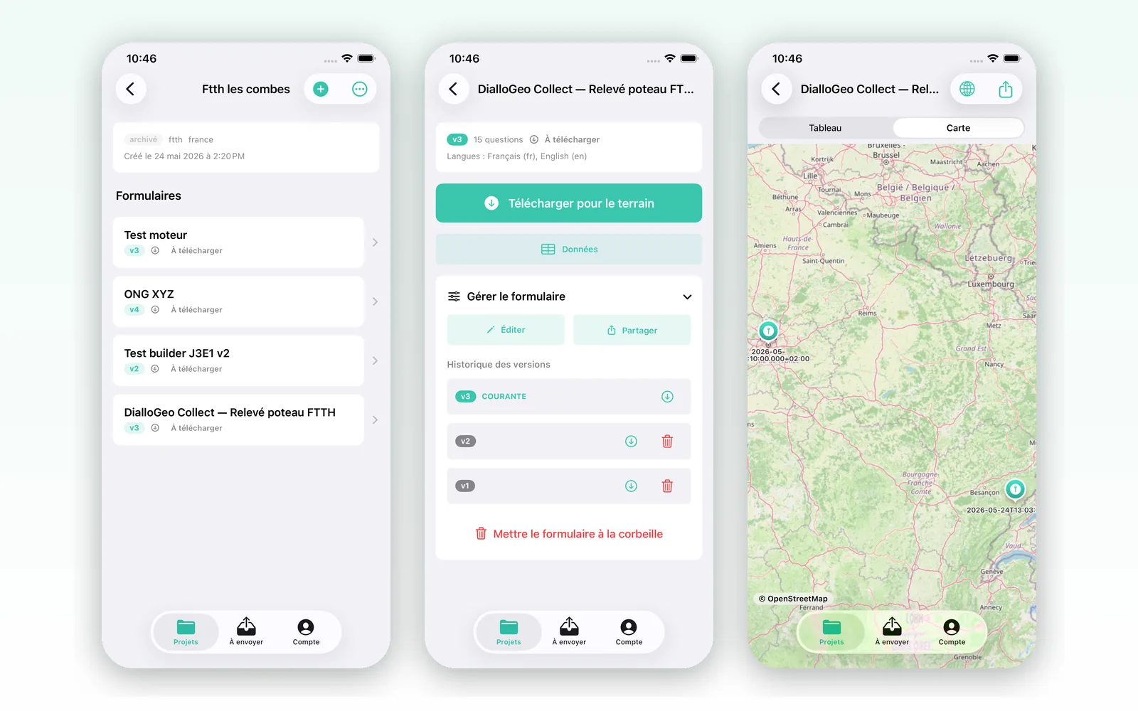 Trois écrans de DialloGeo Collect : liste des formulaires d'un projet FTTH, fiche formulaire avec versions, carte des relevés